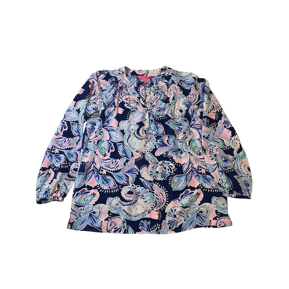 Lilly Pulitzer Elsa Silk Blouse S Small Pink Navy Blue Paisley Smocked Top